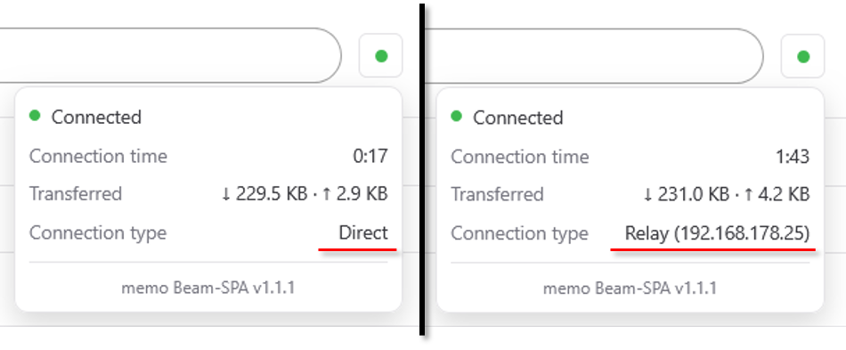 Connection status dropdown showing connection type Direct or Relay