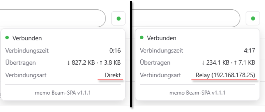 Verbindungs-Status-Dropdown mit Verbindungsart Direkt oder Relay